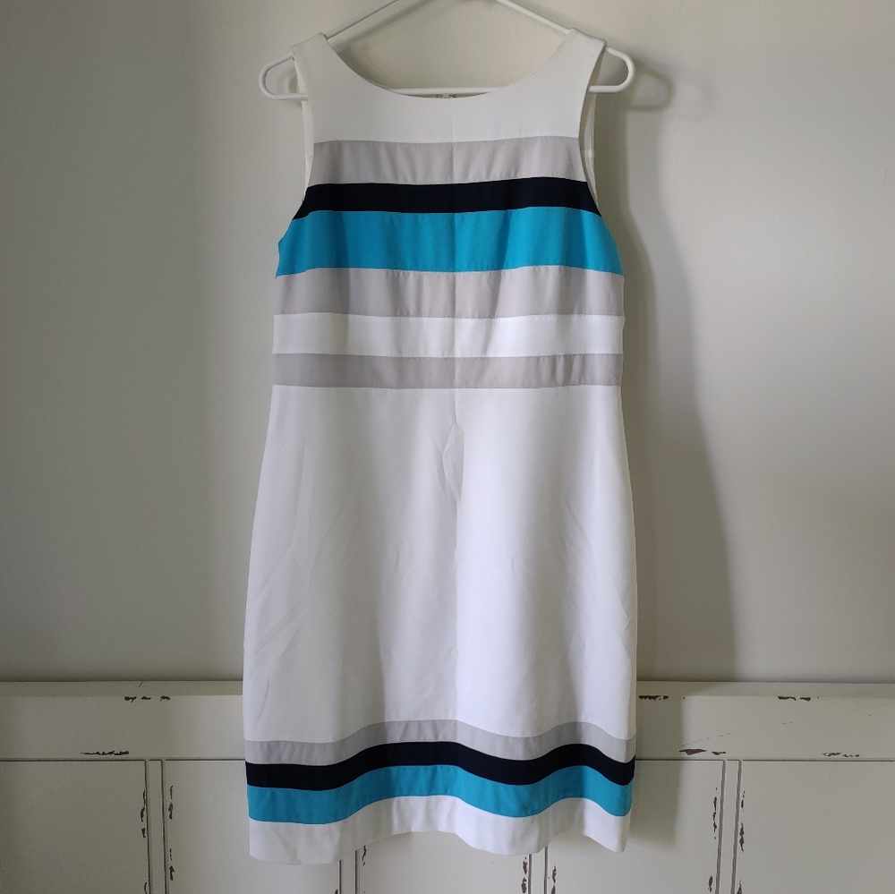 White House Black Market white dress with blue and gray stripes - size 10